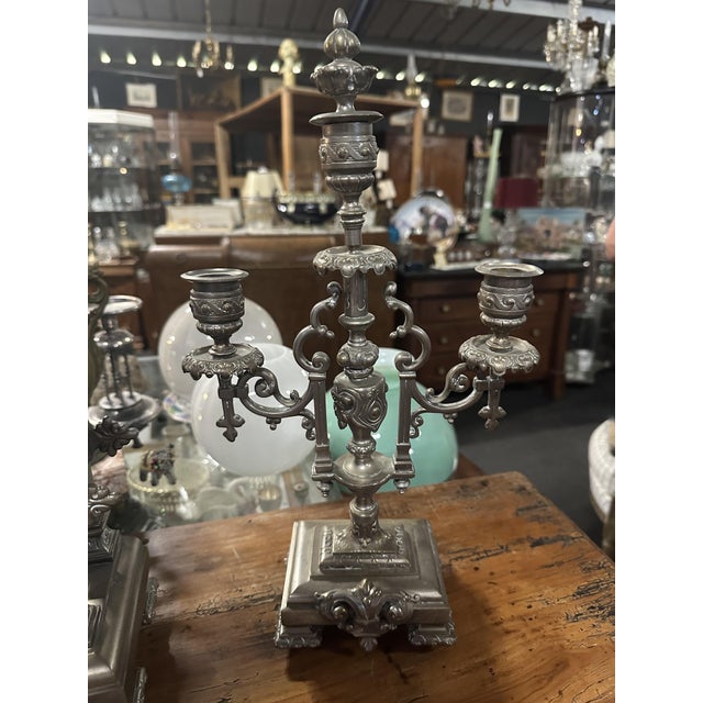 Napoleon III Clock in Silver-Plated Bronze with Candelabras, Set of 3 For Sale - Image 3 of 6