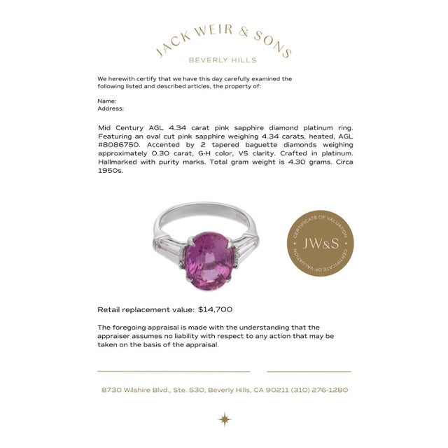 Metal Mid Century Agl 4.34 Carat Pink Sapphire Diamond Platinum Ring, Size 4.5 For Sale - Image 7 of 7