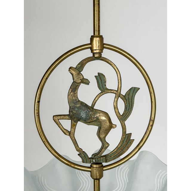Swedish Grace Pendant Light in Brass and Frosted Glass with Deer Motif, 1940 For Sale - Image 3 of 9