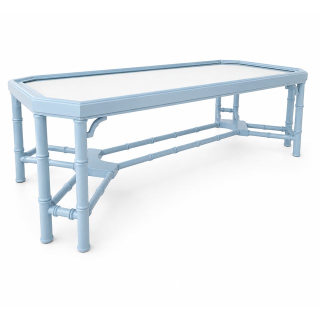 Chippendale Vintage Faux Bamboo Coffee Table in Benjamin Moore Blue Hydrangea For Sale - Image 3 of 8