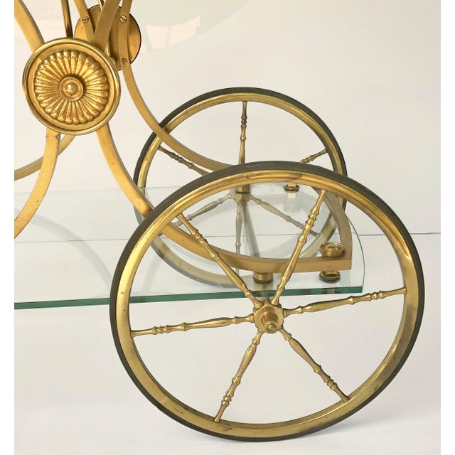 French Rolling Drinks Cart of Bronzed Brass and Glass by Maison Charles For Sale - Image 12 of 13