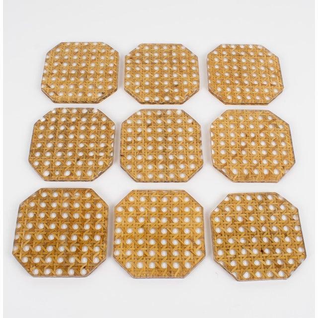 1970s 1970s Christian Dior Collection Lucite and Rattan Cocktail Coasters Set - 9 pieces For Sale - Image 5 of 10