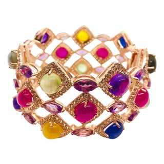 Bochic “Capri” Vintage Ruby & Multi Sapphire Bangle Set In 18K Gold & Silver For Sale