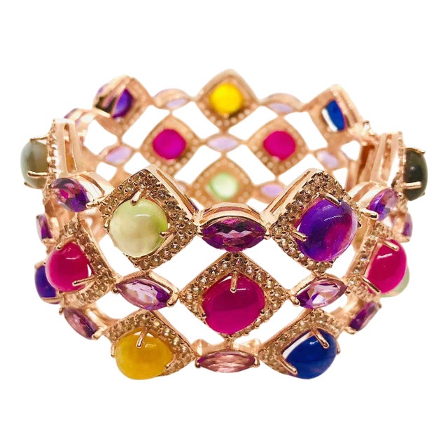 Bochic “Capri” Vintage Ruby & Multi Sapphire Bangle Set In 18K Gold & Silver For Sale