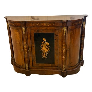 Antique Victorian Burr Walnut Sideboard Cabinet with Floral Marquetry Credenza, 1850 For Sale