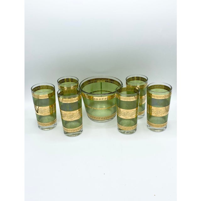 Mid Century Green and 22k Gold Highball With Glass Ice Bucket Cocktail Set 7 Piece Chairish