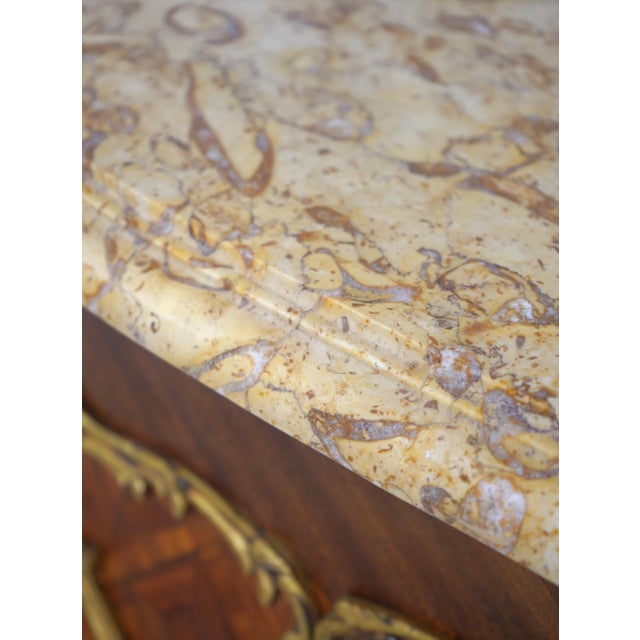 Stone French Louis XV Vintage Marble Top Marquetry Commode For Sale - Image 7 of 17