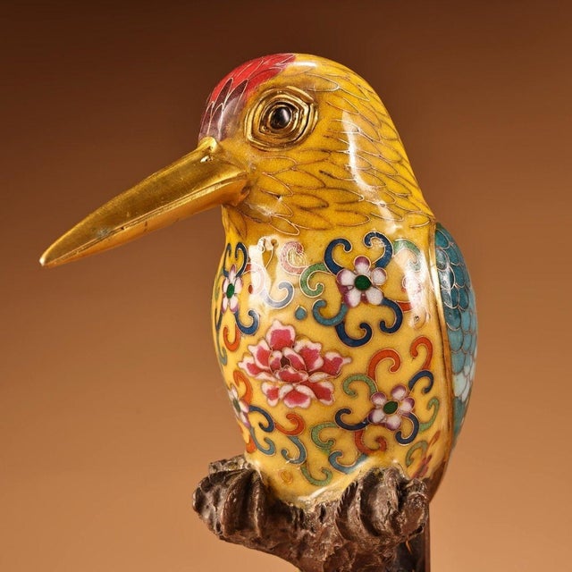 Metal Pair of Vintage Cloisonne Enamel Woodpecker Figures – 10.2" Birds on Branches For Sale - Image 7 of 10