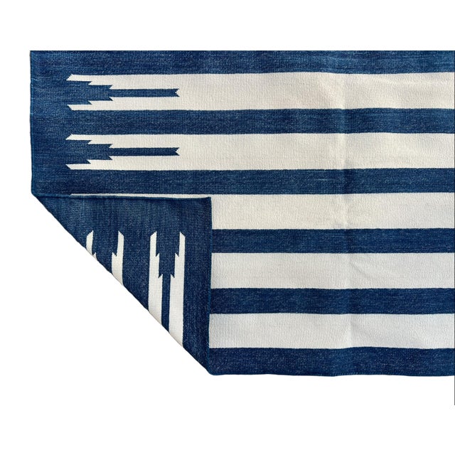 Casa Cosima Handwoven Cotton Area Flat Weave Rug Vegetable Dyed Indigo Blue and White Striped Dhurrie - 12'x15' For Sale - Image 4 of 10