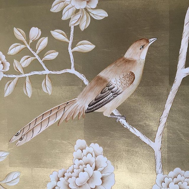 Silver Leaf Chinoiserie Hand-Painted Pale Blue Peony & Bird Wall Panels (Set of 5) For Sale - Image 10 of 15