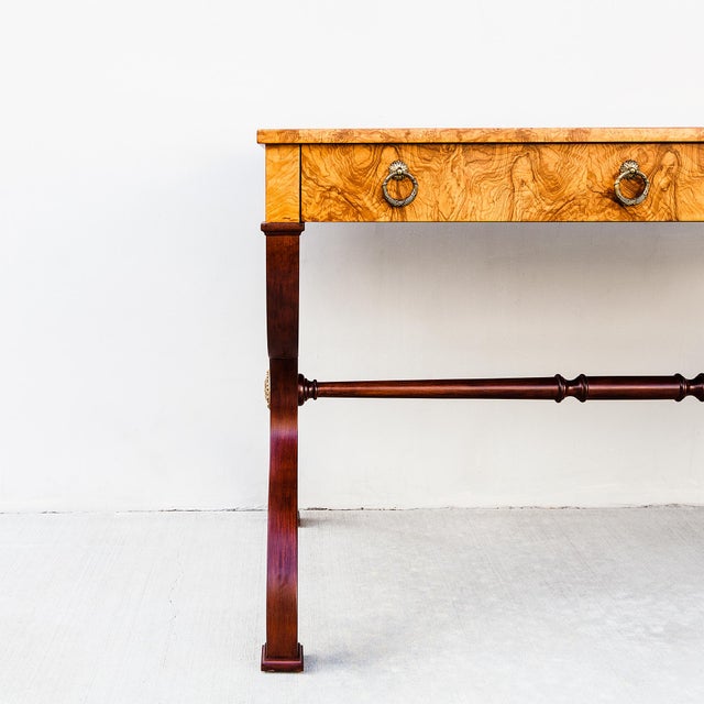 1980s Restored Burl & Brass Vintage Regency Writing Desk by Baker For Sale - Image 5 of 15