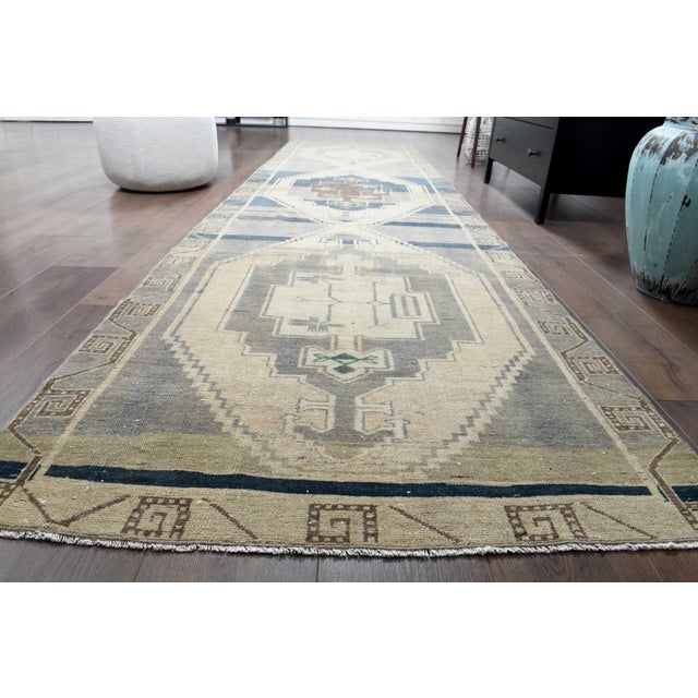 Turkish 1970s Vintage Turkish Handmade Wool Cotton Green Runner Rug For Sale - Image 3 of 11