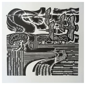 Dainis Rozkalns, Woodcocks Return, 1970, Linocut