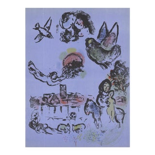 Marc Chagall Nocturne in Vence 12.5" X 9.5" Lithograph 1963 Modernism Multicolor, Purple For Sale