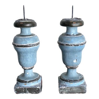 Pair of Antique Swedish Wooden Urn Candlesticks For Sale