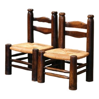 Pair Early 20th Century French Walnut Rush Chairs Attributed to Dudouyt For Sale