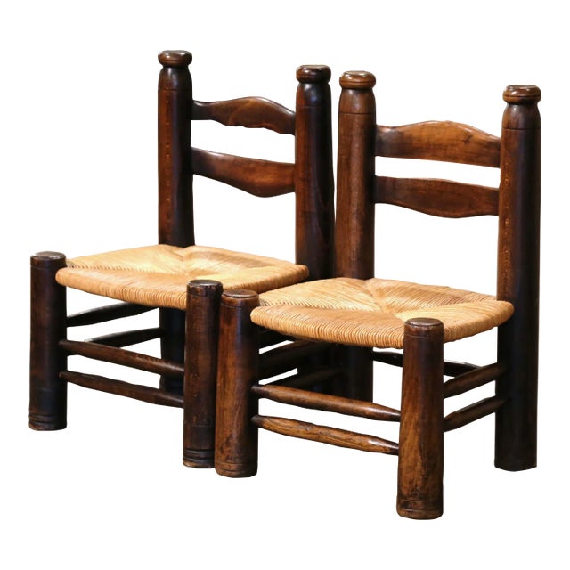 Pair Early 20th Century French Walnut Rush Chairs Attributed to Dudouyt For Sale