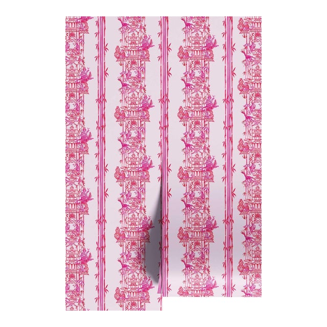 Chinoiserie Shenanigans Toile Grasscloth Wallpaper by House Party | Cherry Blossom Pink | 6 Yards For Sale