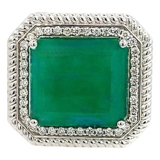 Natural Emerald Diamond Ring Size 6.25 14k W Gold 13.14 TCW Certified For Sale