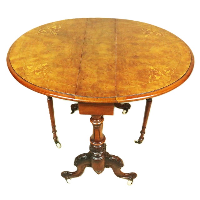 Wood English Victorian Period Burl and Satinwood Inlaid Sutherland Drop Leaf Table For Sale - Image 7 of 12