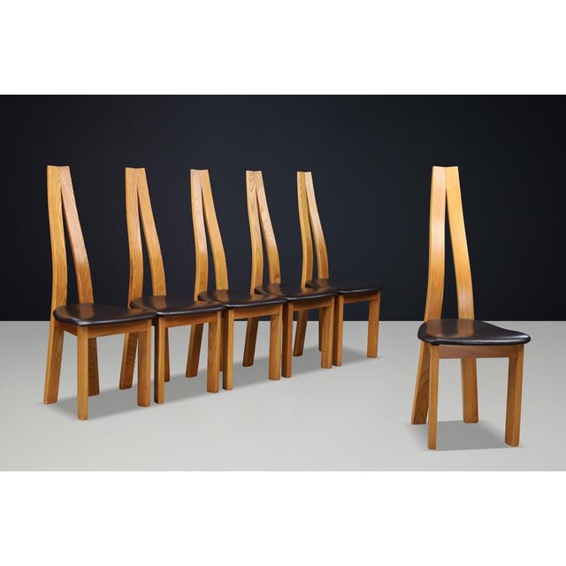 Sculptural Elm and Black Leather Dining Chairs, France, 1970s, Set of 6 For Sale - Image 6 of 17