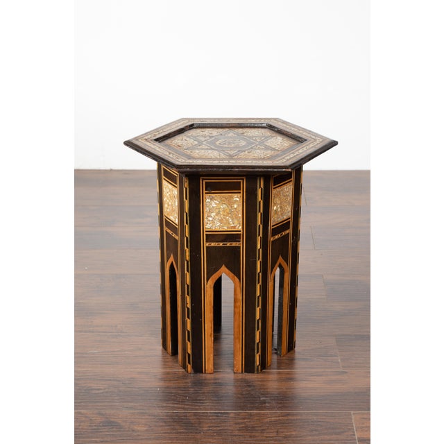 Wood Mid 20th Century Moroccan Midcentury Side Table with Hexagonal Top and Mother-of-Pearl Inlay For Sale - Image 7 of 12