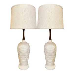 Ceramic + Walnut Lamps, a Pair (After Martz)