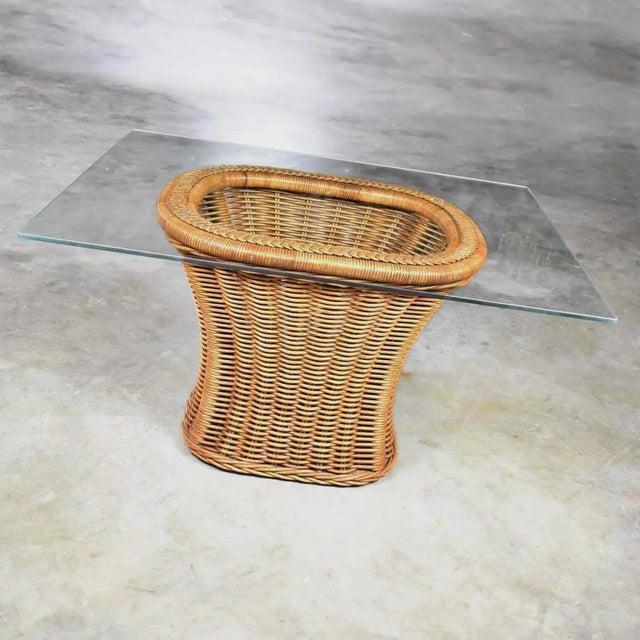 Contemporary Vintage Organic Modern Woven Wicker Rattan Side or End Table W Rectangular Glass Top For Sale - Image 3 of 13