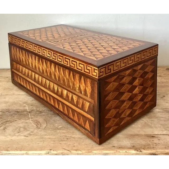 Wood Vintage Boho Greek Key Marquetry Box For Sale - Image 7 of 11