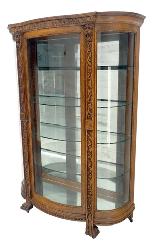 Fine Carved Tiger Oak Lion Feet & Head Curved Glass China Cabinet c1880s