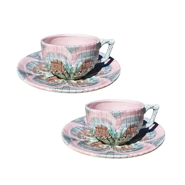 Pink Etruscan Majolica Shell and Seaweed Ceramic Teacup and Saucer Set of 2 For Sale In Oklahoma City - Image 6 of 6
