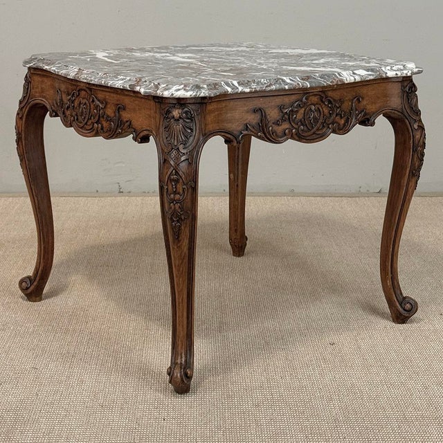 French Antique French Régence Style Carved Oak Sainte Anne Marble End Table For Sale - Image 3 of 18