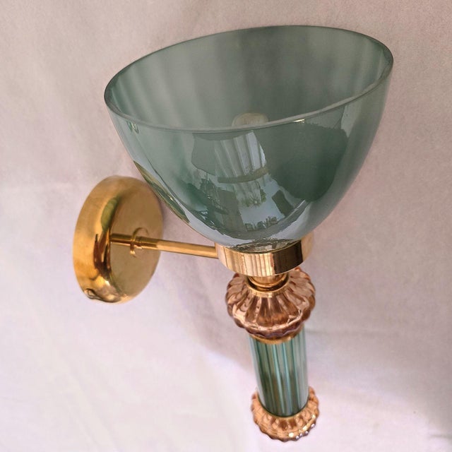 1990s Mid Century Modern Green and Amber Murano Glass Sconces - a Pair For Sale In Dallas - Image 6 of 11