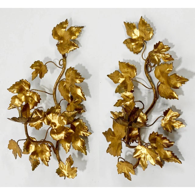 Mid 20th Century Vintage Italian Gilt Tole Metal Wall Candle Sconces, a Pair For Sale - Image 5 of 8