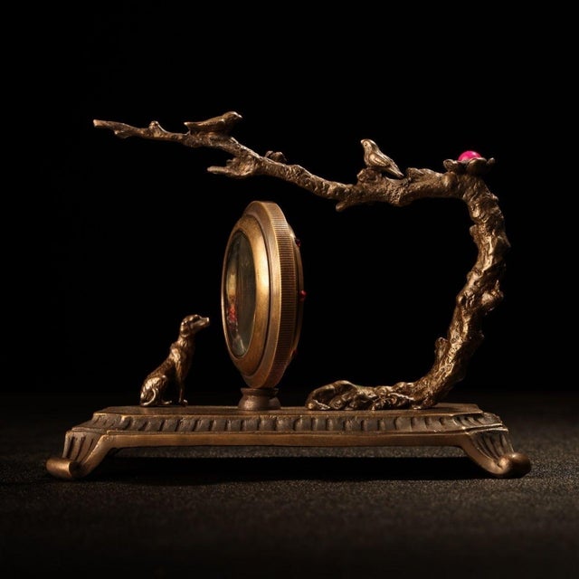 Vintage Bronze Table Clock Jeweled Bird & Dog Sculptural Desk Timepiece 4.3" For Sale - Image 4 of 9