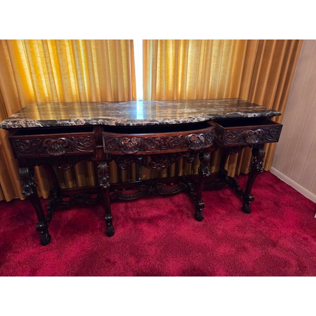 Late 19th Century Antique Italian Renaissance Revival Walnut Marble Top Credenza Sideboard Buffet For Sale - Image 5 of 18