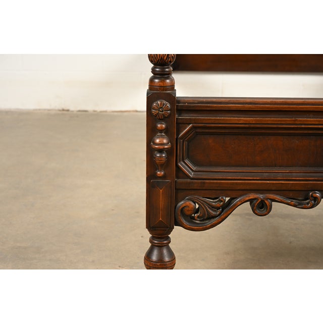 Berkey & Gay Style Antique English Jacobean Carved Walnut and Burl Wood Twin Size Bed, Circa 1920s For Sale - Image 11 of 13