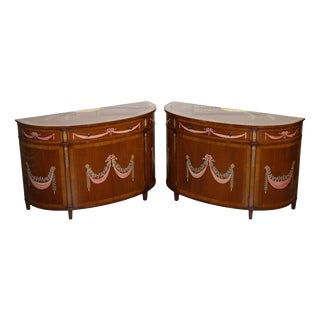 Hand-Painted Demi Lune Sheraton Style Console Cabinets, Set of 2 For Sale