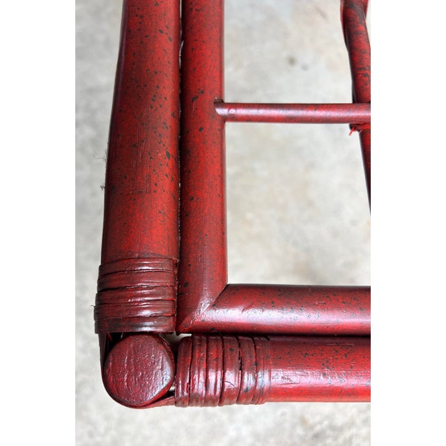 Vintage Tony Duquette Style Red Split Reed and Rattan Glass Top Console Entry Table - Newly Painted For Sale - Image 11 of 12