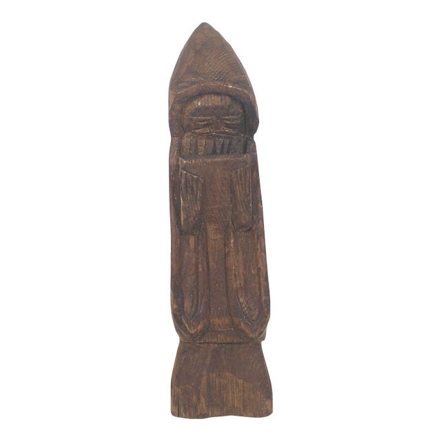 Early 20th Century Carved Wood Monk Sculpture Primitive Rustic With Patina For Sale