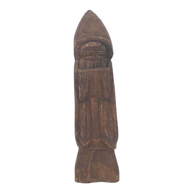 Vintage Carved Wood Monk Sculpture Primitive Rustic With Patina For Sale