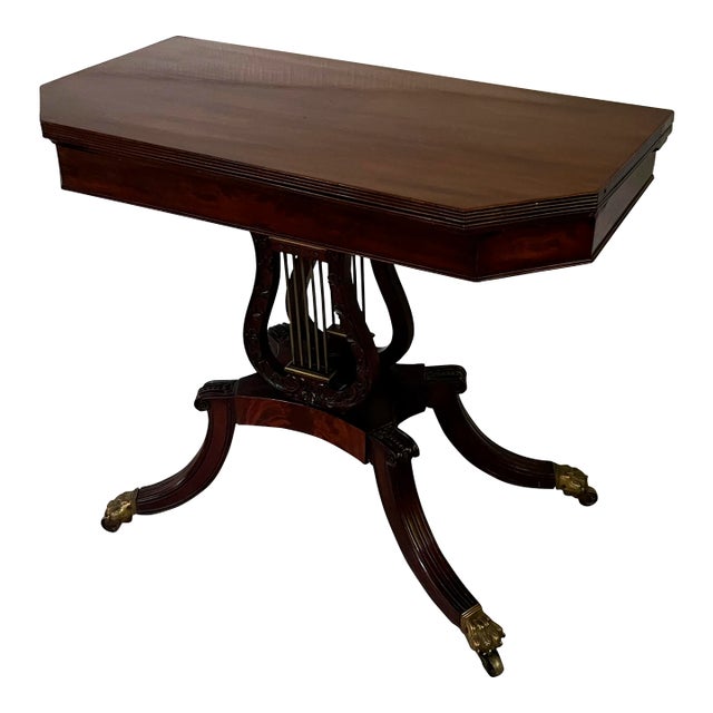 Antique Early 19th Century American Federal Mahogany Lyre Base Card or Console Table For Sale