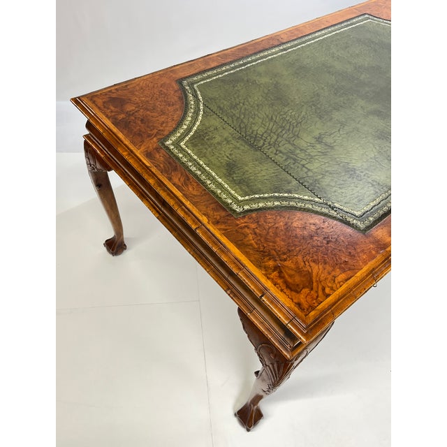 Chippendale Mid 20th Century Large English Chippendale Style Burl Walnut Partners Desk With Ogee Molded Drawers For Sale - Image 3 of 18