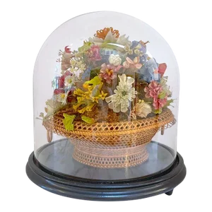 Late 19th Century Victorian Wax Flower Still Life Basket Under Round Glass Dome I