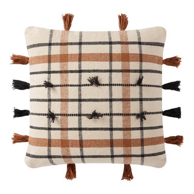 Loloi Handwoven Plaid Striped Pillow with Tassels, Natural / Brown - 18" x 18" Cover For Sale