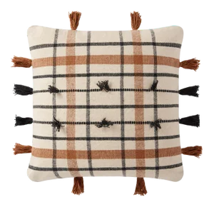 Loloi Handwoven Plaid Striped Pillow with Tassels, Natural / Brown - 18" x 18" Cover