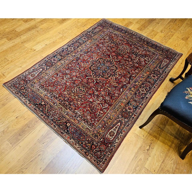 Early 20th Century Kashan Rug, Hand-Knotted Wool & Cotton, Floral Design, Red & Navy, 5x7 For Sale - Image 4 of 16