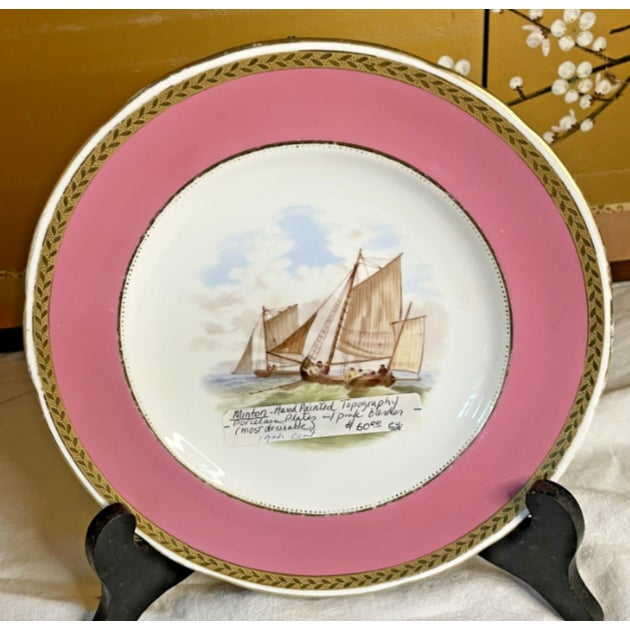 English Antique 19th Cen Minton Topography Plates Pink Border Gold Trim 9" Dia For Sale - Image 3 of 10