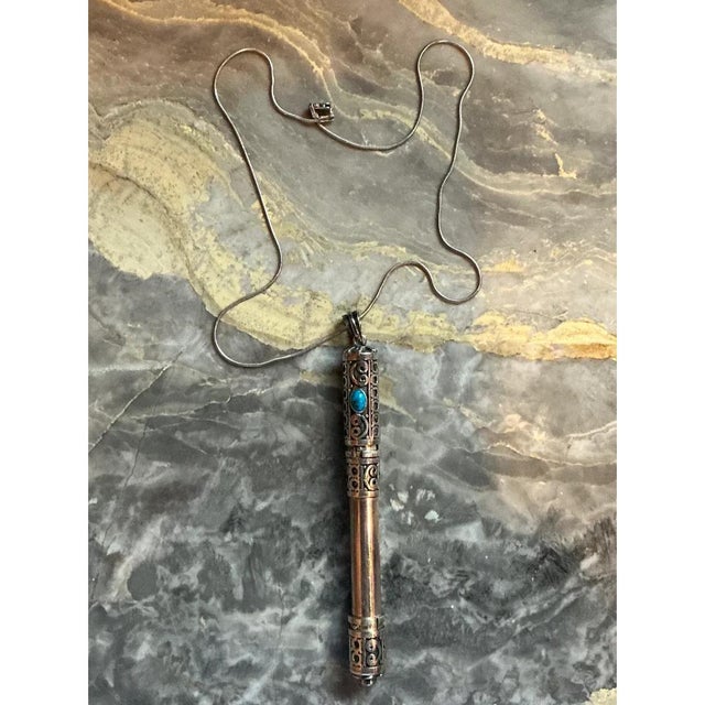 Mid 20th Century Vintage Ornate Silver and Turquoise Pendant Necklace For Sale - Image 5 of 12