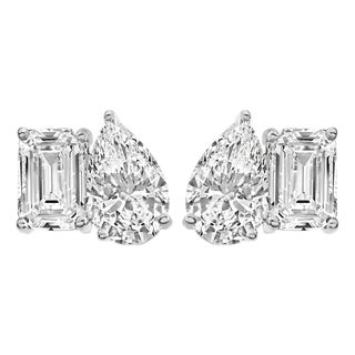 14K White Gold 2.0 Cttw Emerald and Pear Toi et Moi Lab Grown Diamond Stud Earrings For Sale